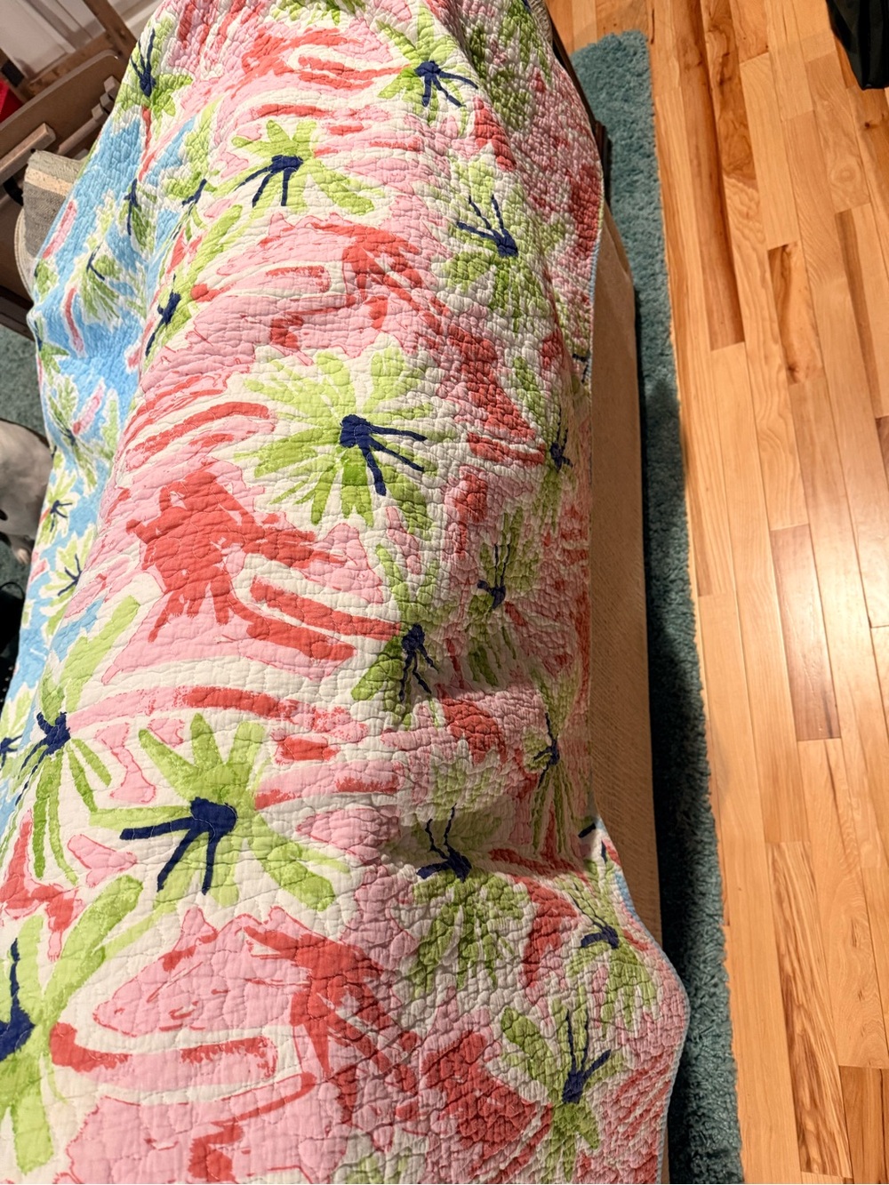 Reversible Floral & Stripe Quilt - Light Blue, Green, Pink - Picture 3 of 4